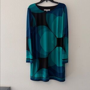 Trina Turk Blue and Black Geometric Long Sleeve Dress